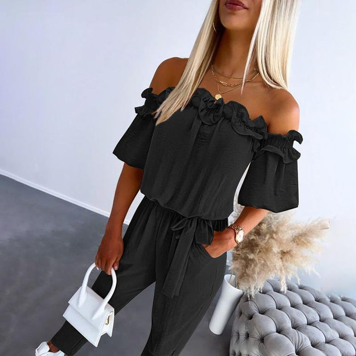Women's Off-Shoulder Frill Tie-Waist Jumpsuit - Black