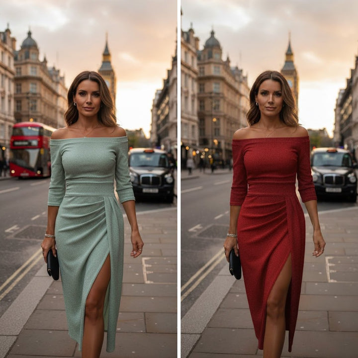 Women's Off-Shoulder Long-Sleeve Ruched Midi Bodycon Dress