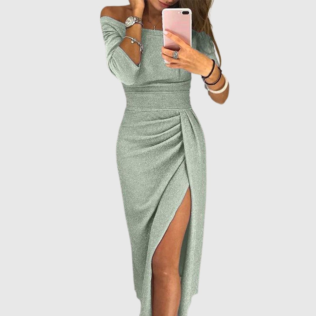 Women's Off-Shoulder Long-Sleeve Ruched Midi Bodycon Dress