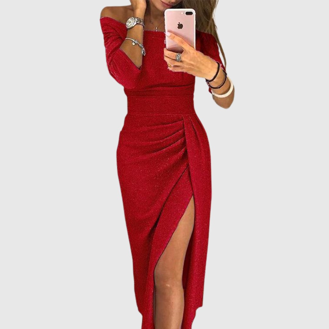 Women's Off-Shoulder Long-Sleeve Ruched Midi Bodycon Dress - Red