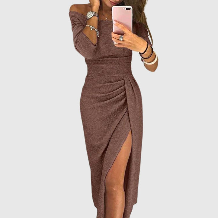 Women's Off-Shoulder Long-Sleeve Ruched Midi Bodycon Dress - Brown