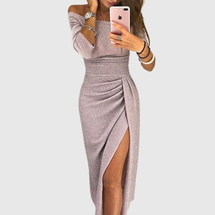 Women's Off-Shoulder Long-Sleeve Ruched Midi Bodycon Dress - Pink