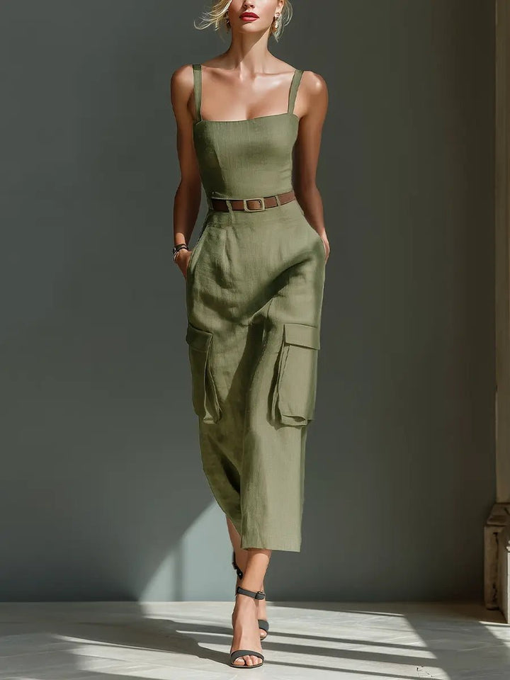 Women's Olive Linen Belted Cargo-Pocket Midi Dress - Olive Green