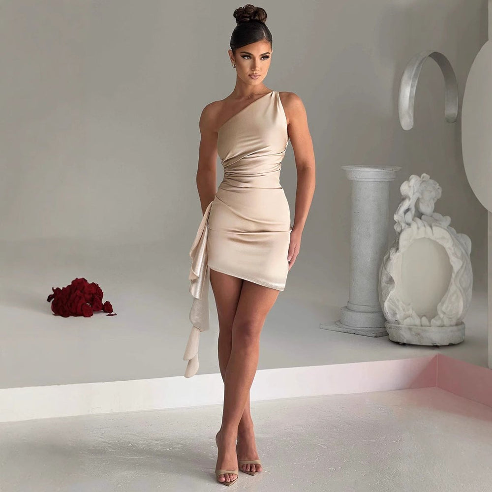Women's One-Shoulder Asymmetric Draped Satin Cocktail Dress
