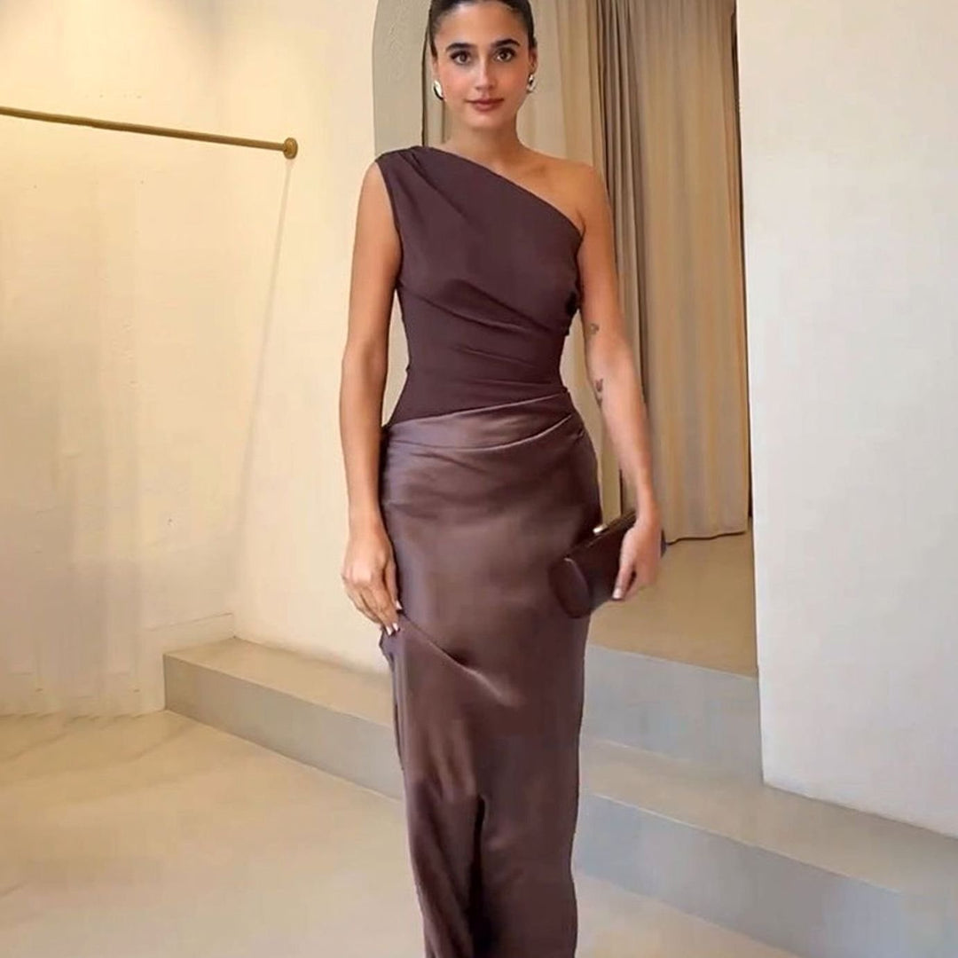 Women's One-Shoulder Asymmetric Neckline Elegant Maxi Dress - Dark Brown