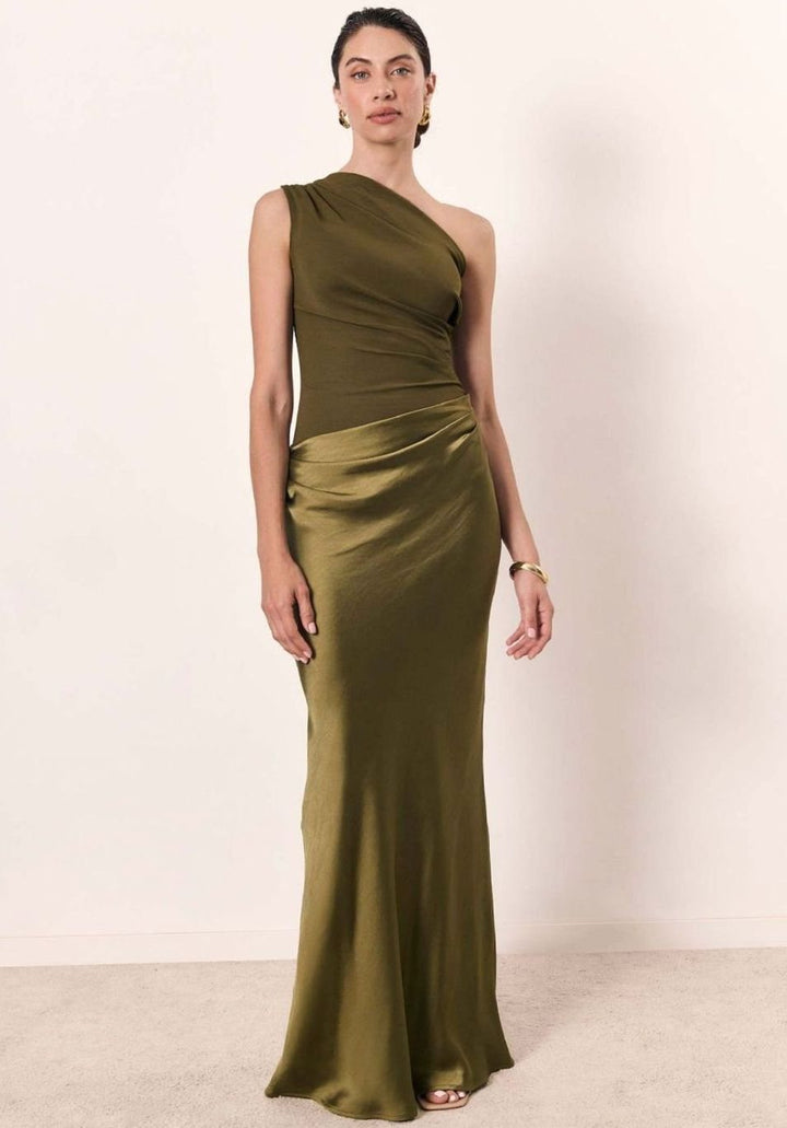 Women's One-Shoulder Asymmetric Neckline Elegant Maxi Dress - Matcha