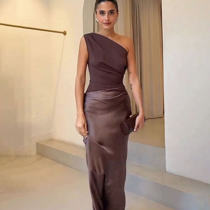 Women's One-Shoulder Asymmetric Neckline Elegant Maxi Dress