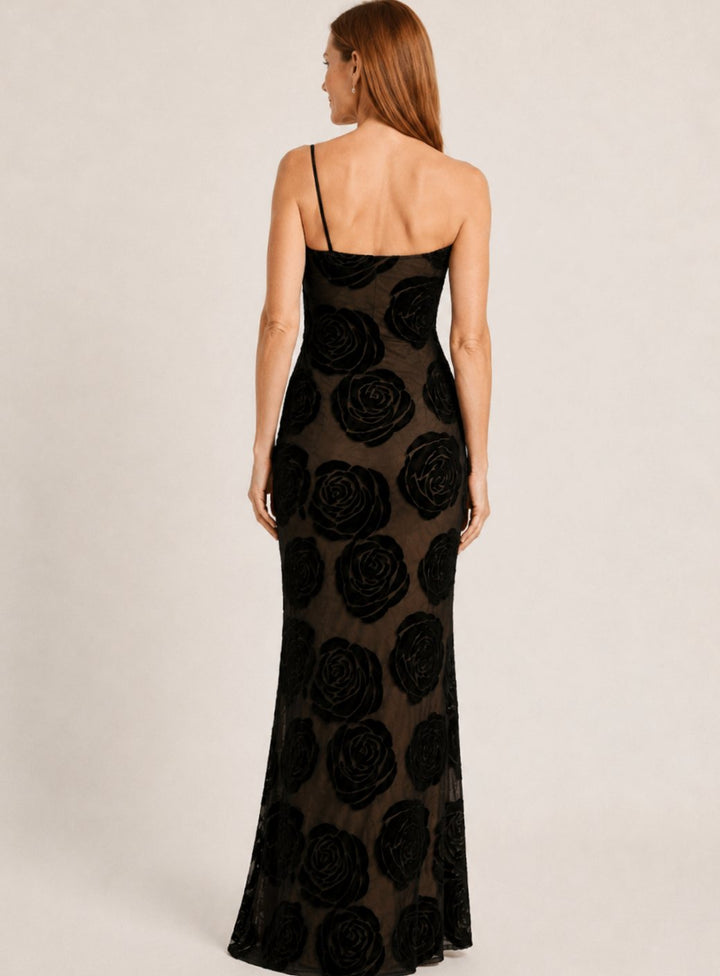 Women's One-Shoulder Floral Velvet Lace Maxi Dress