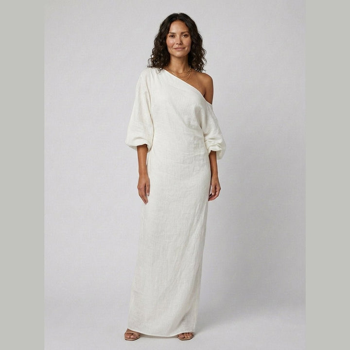Women's One-Shoulder Puff-Sleeve Cotton-Linen Maxi Dress - Ivory White
