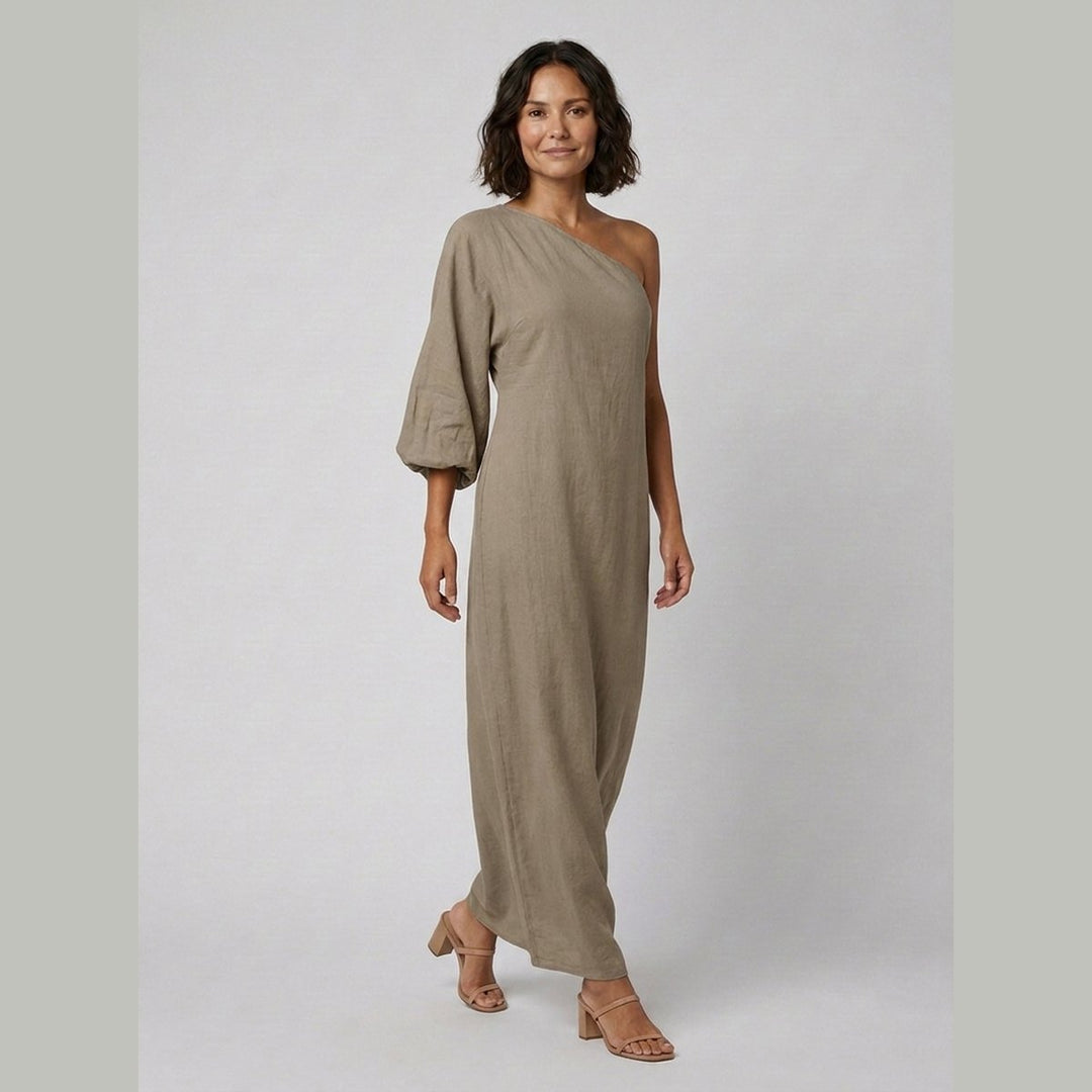 Women's One-Shoulder Puff-Sleeve Cotton-Linen Maxi Dress - Khaki