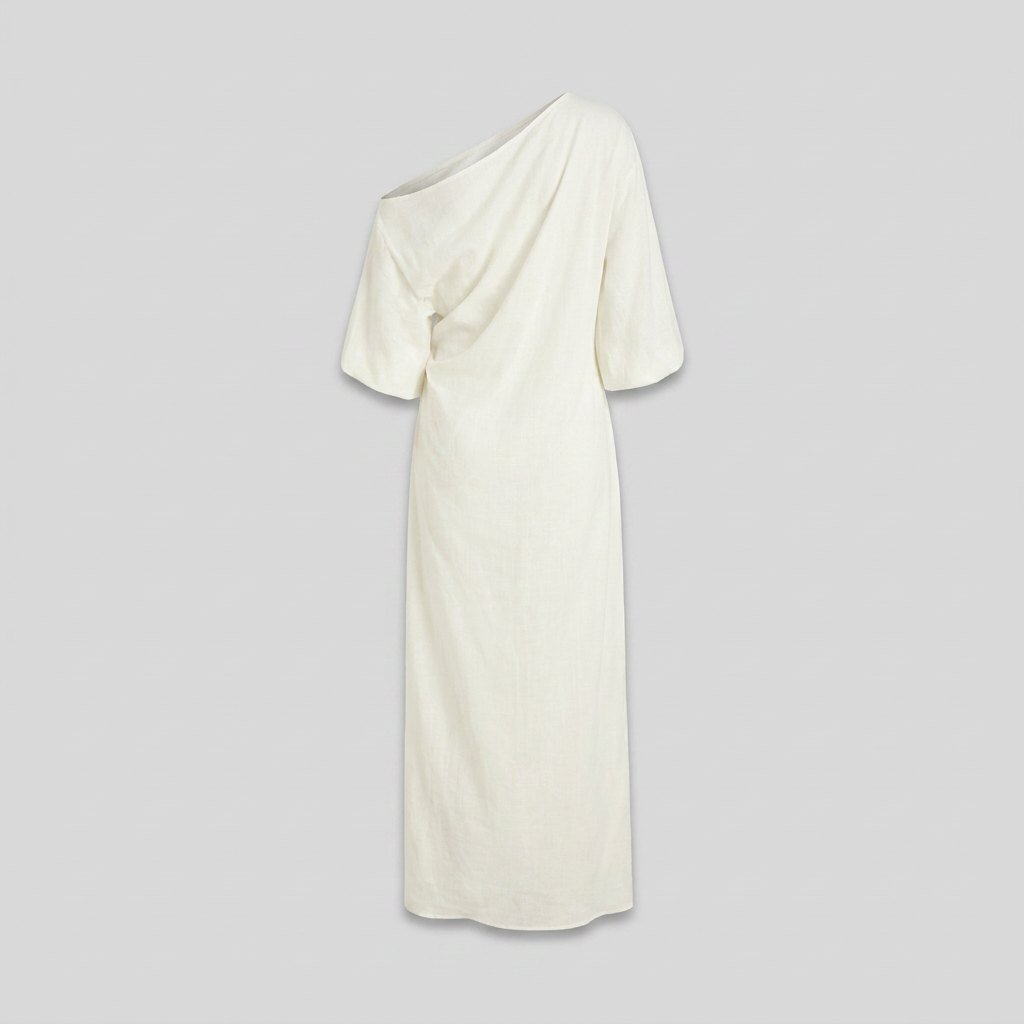 Women's One-Shoulder Puff-Sleeve Cotton-Linen Maxi Dress