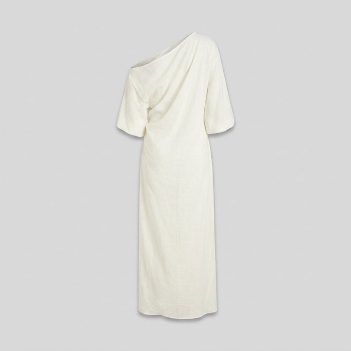 Women's One-Shoulder Puff-Sleeve Cotton-Linen Maxi Dress