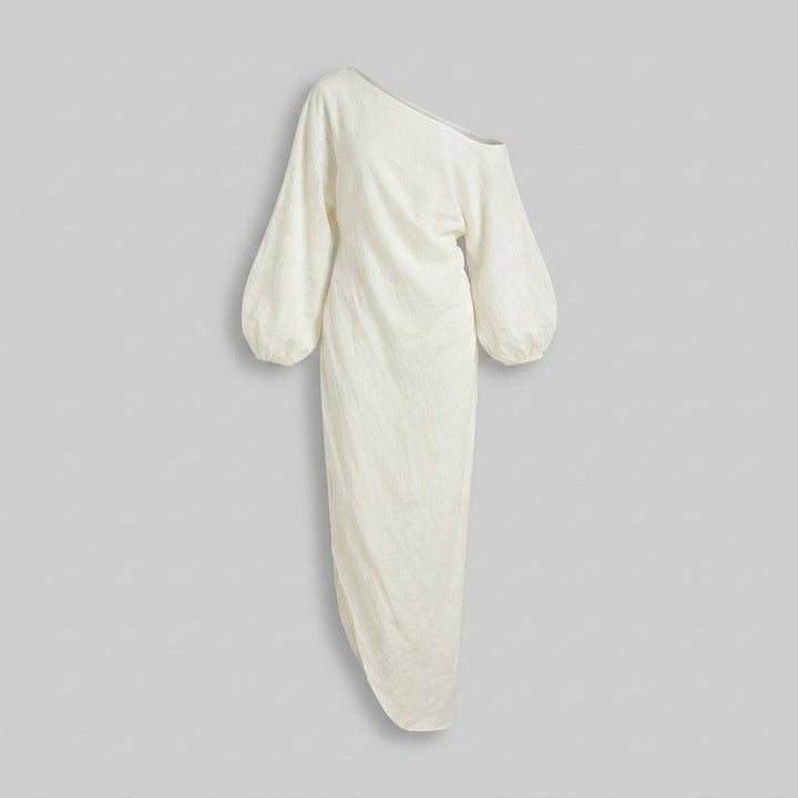 Women's One-Shoulder Puff-Sleeve Cotton-Linen Maxi Dress