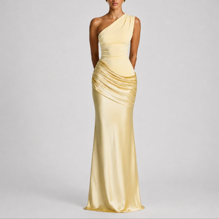 Women's One-Shoulder Satin Draped Maxi Fall Wedding Guest Dress - Yellow