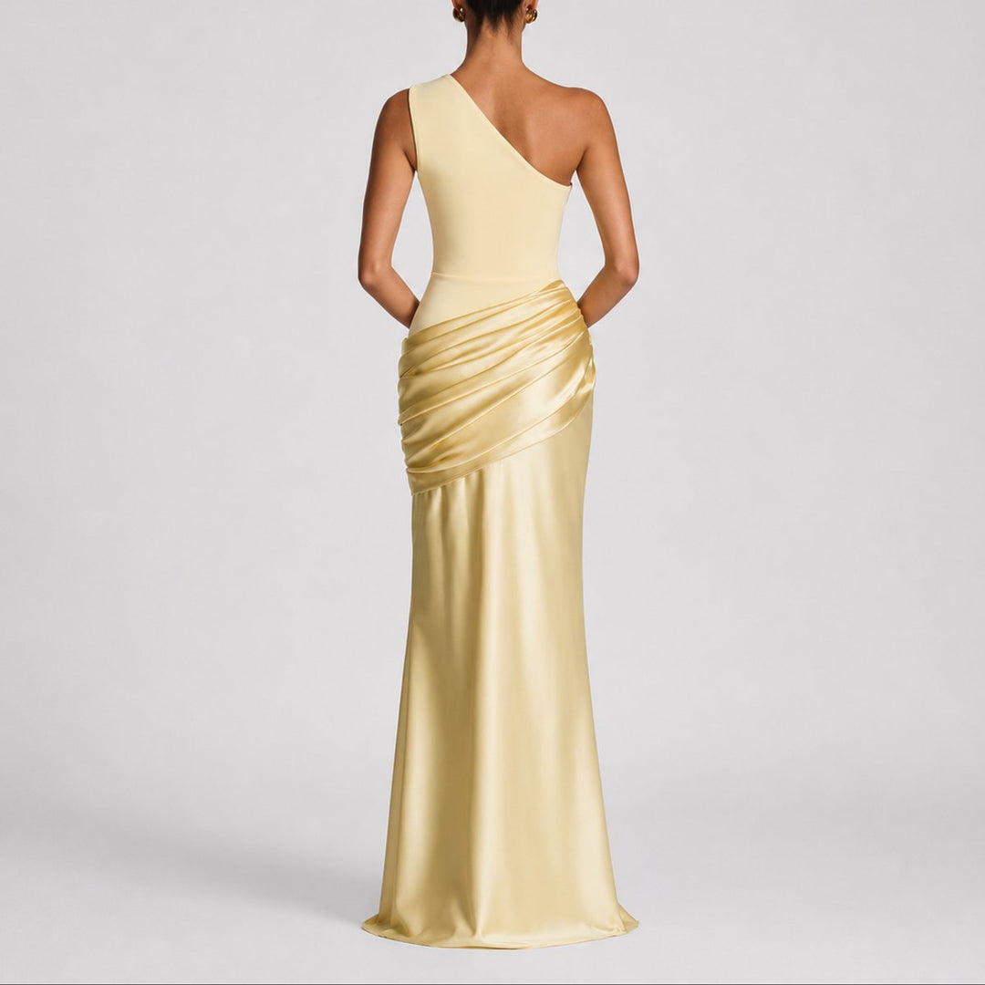 Women's One-Shoulder Satin Draped Maxi Fall Wedding Guest Dress