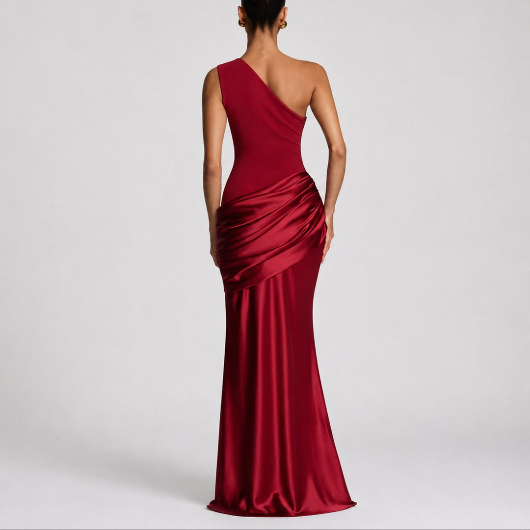 Women's One-Shoulder Satin Draped Maxi Fall Wedding Guest Dress