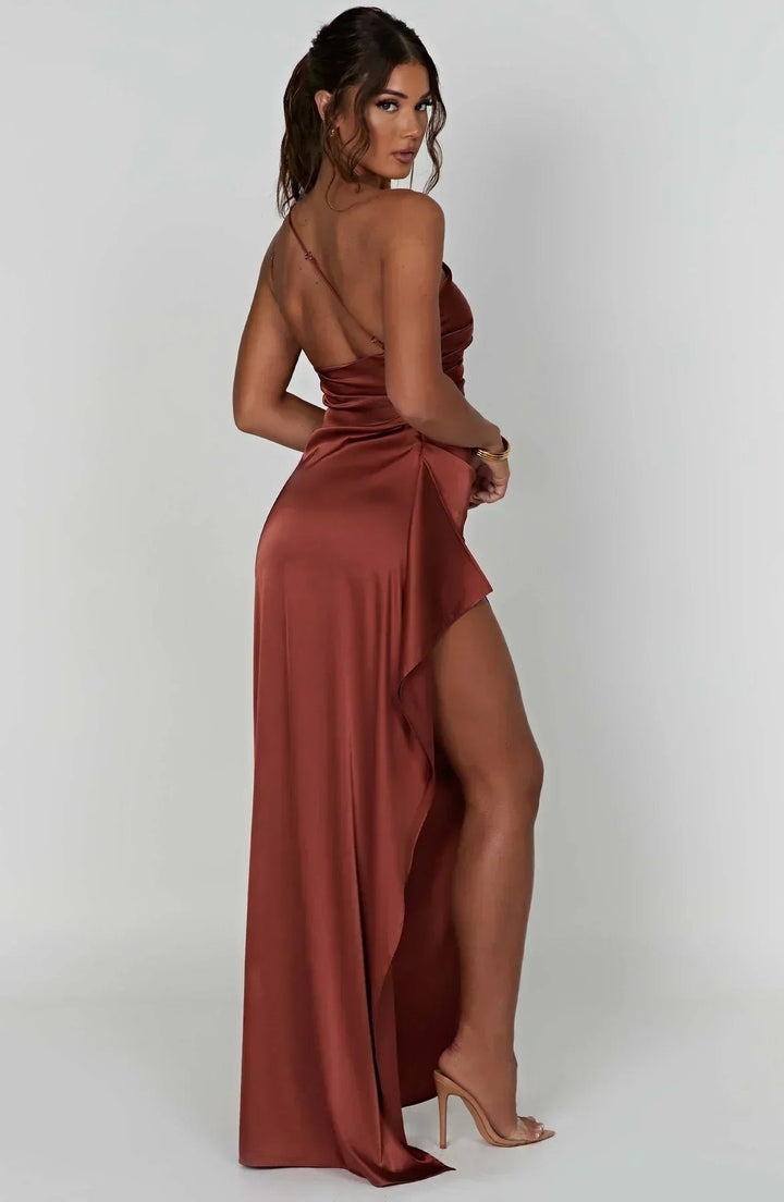 Women's One-Shoulder Satin Maxi Dress High-Slit Evening Gown