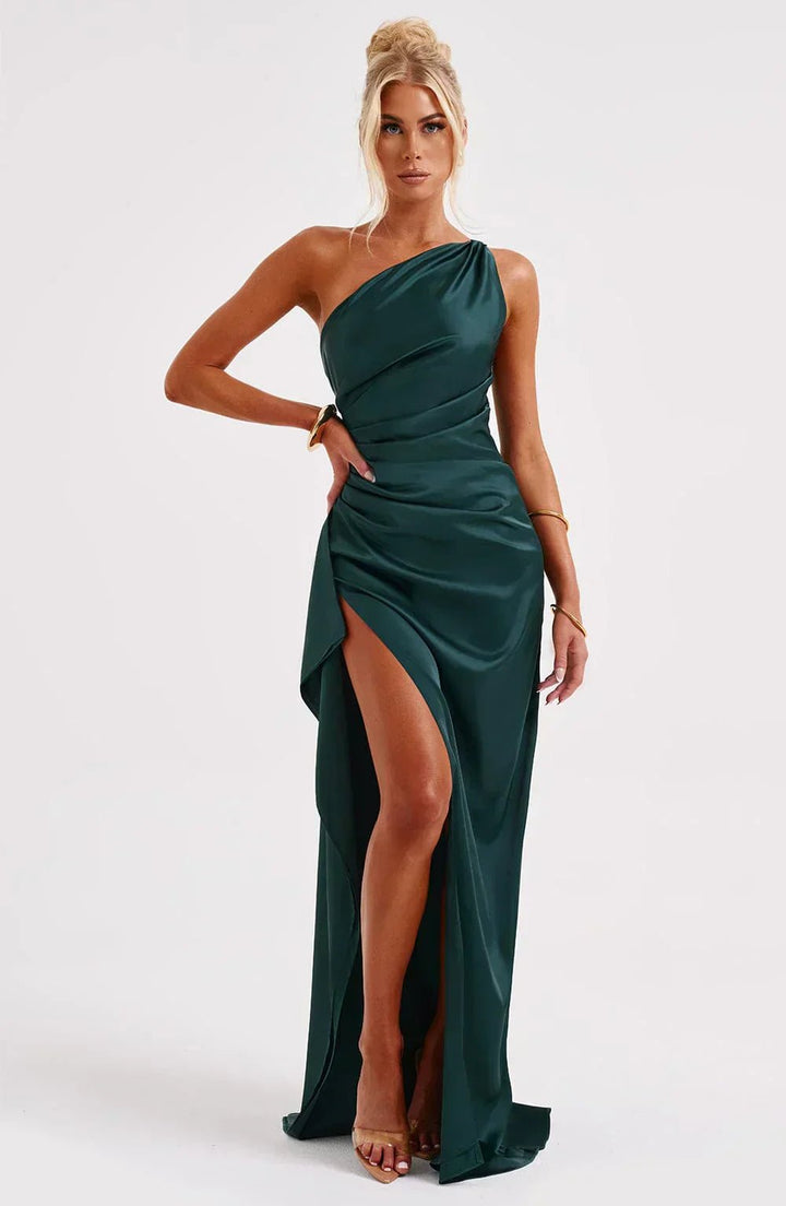 Women's One-Shoulder Satin Maxi Dress High-Slit Evening Gown - Dark Teal Green