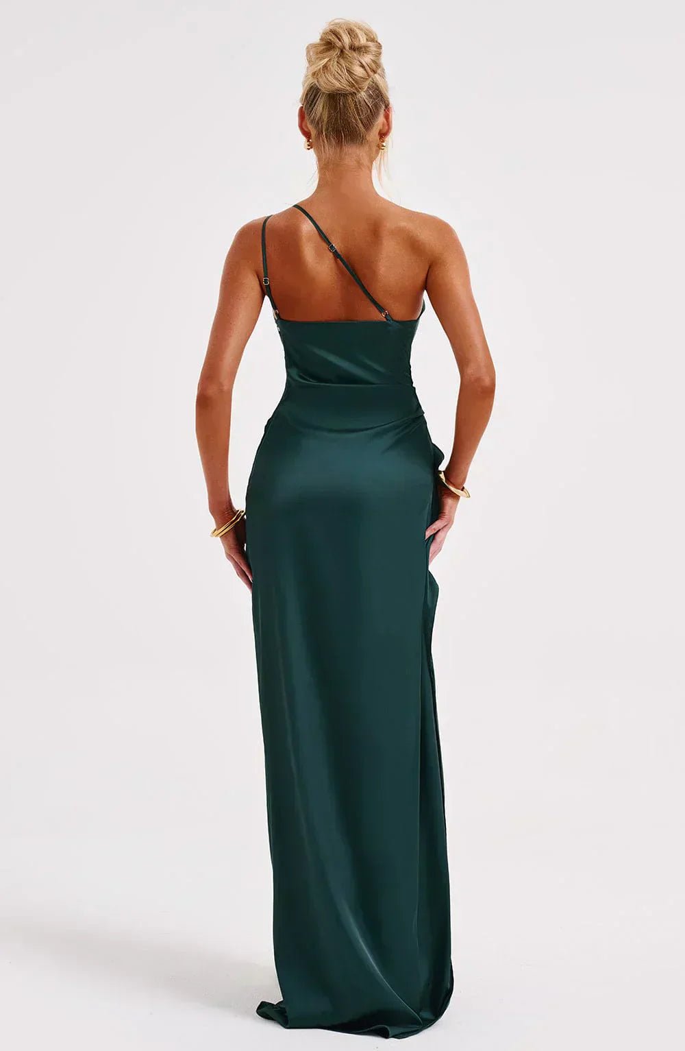 Women's One-Shoulder Satin Maxi Dress High-Slit Evening Gown