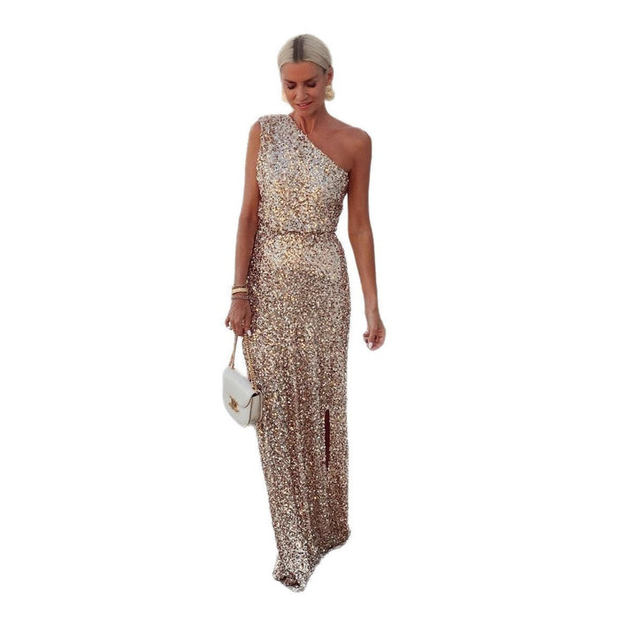 Women's One-Shoulder Sequin Maxi Cocktail Dress Side Slit
