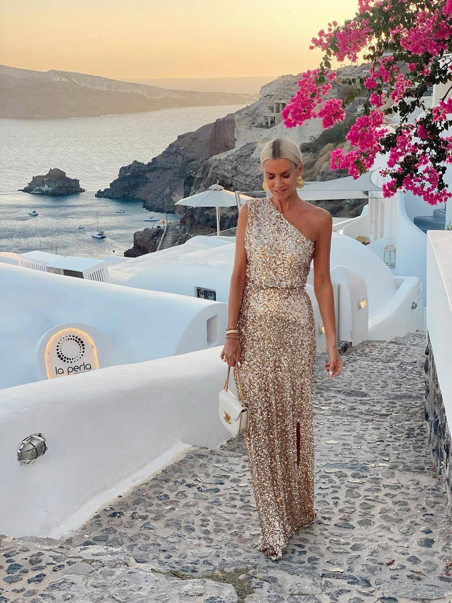 Women's One-Shoulder Sequin Maxi Cocktail Dress Side Slit - Champagne