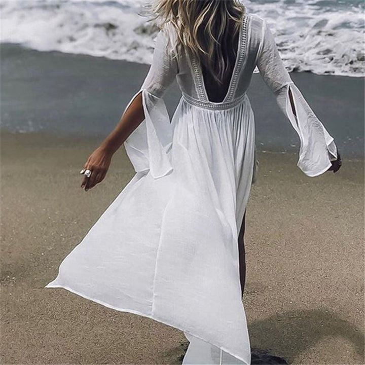 Women's Open-Back Maxi Beach Tunic Flowy Kimono Cover-Up
