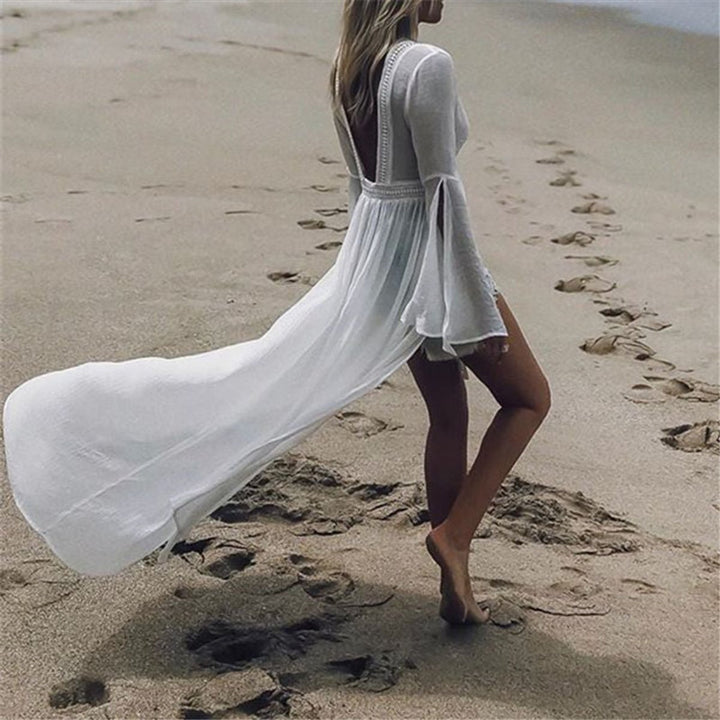 Women's Open-Back Maxi Beach Tunic Flowy Kimono Cover-Up