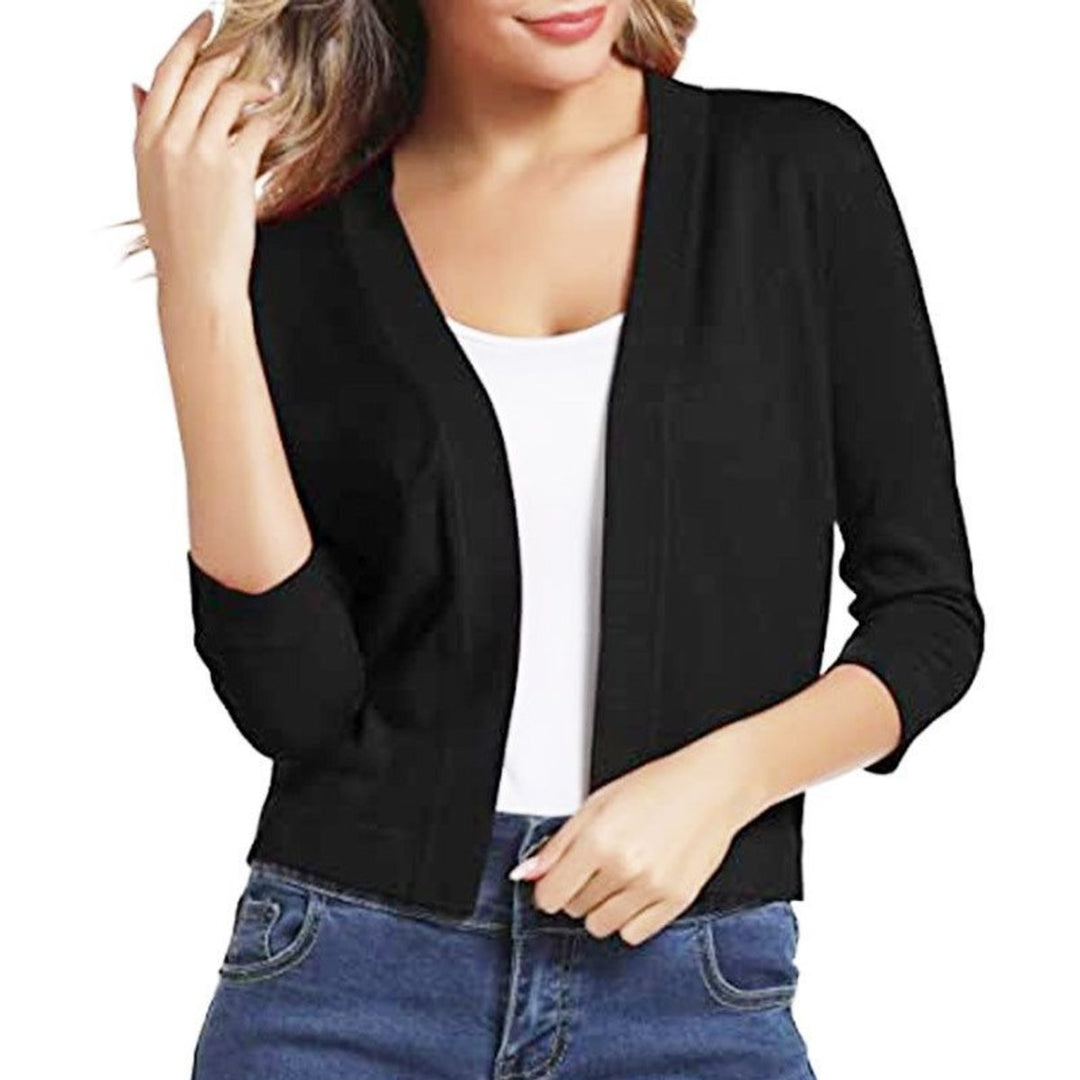 Women's Open-Front Cropped Three-Quarter Sleeve Cardigan