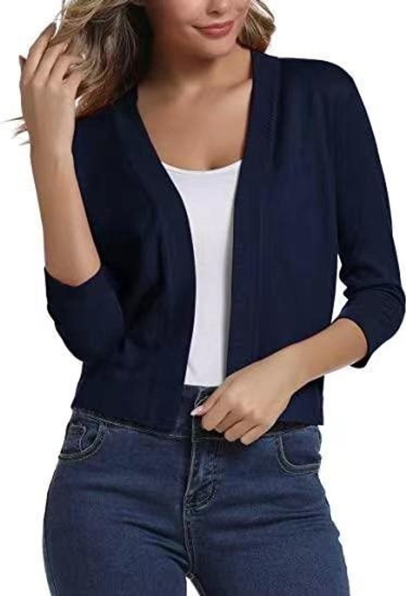 Women's Open-Front Cropped Three-Quarter Sleeve Cardigan - Sapphire Blue