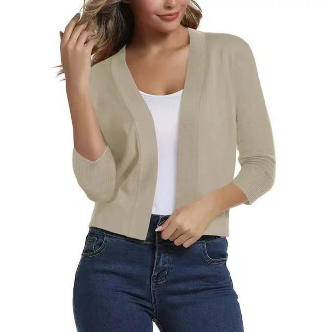 Women's Open-Front Cropped Three-Quarter Sleeve Cardigan - Beige