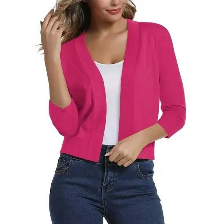 Women's Open-Front Cropped Three-Quarter Sleeve Cardigan - Red