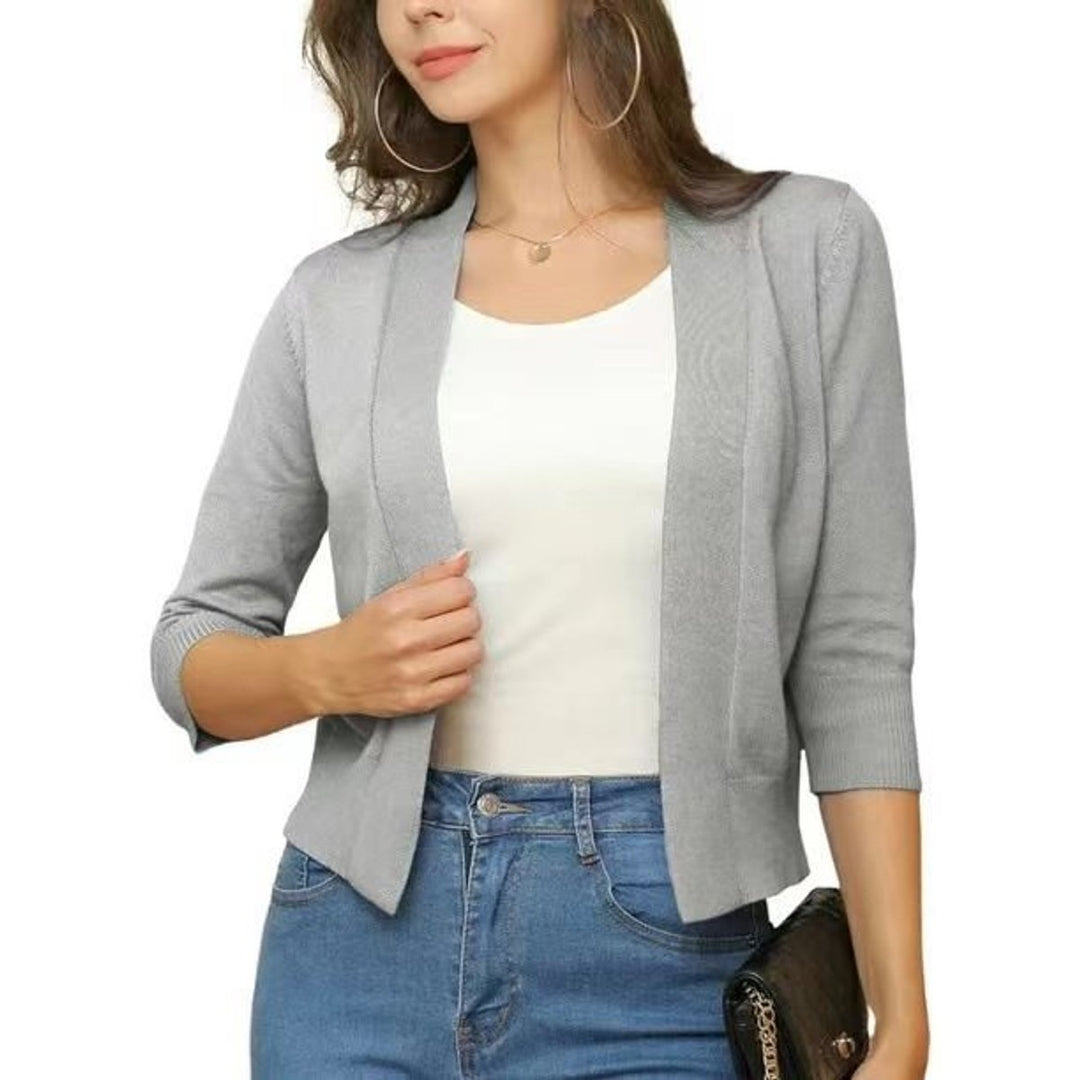 Women's Open-Front Cropped Three-Quarter Sleeve Cardigan - Silver Grey