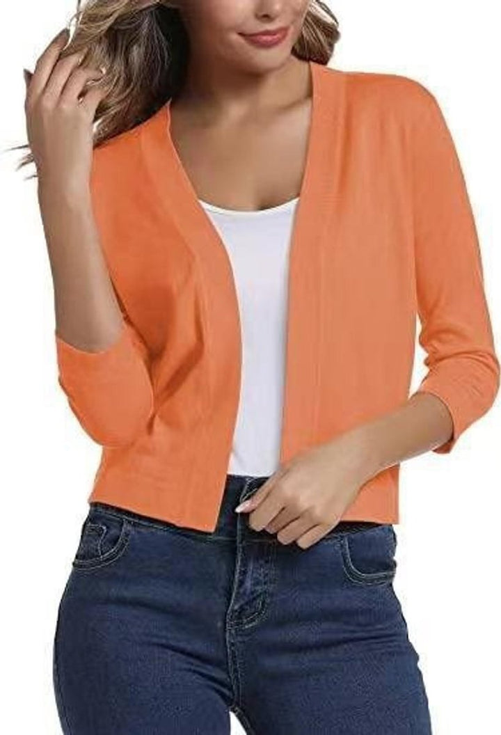 Women's Open-Front Cropped Three-Quarter Sleeve Cardigan - Orange