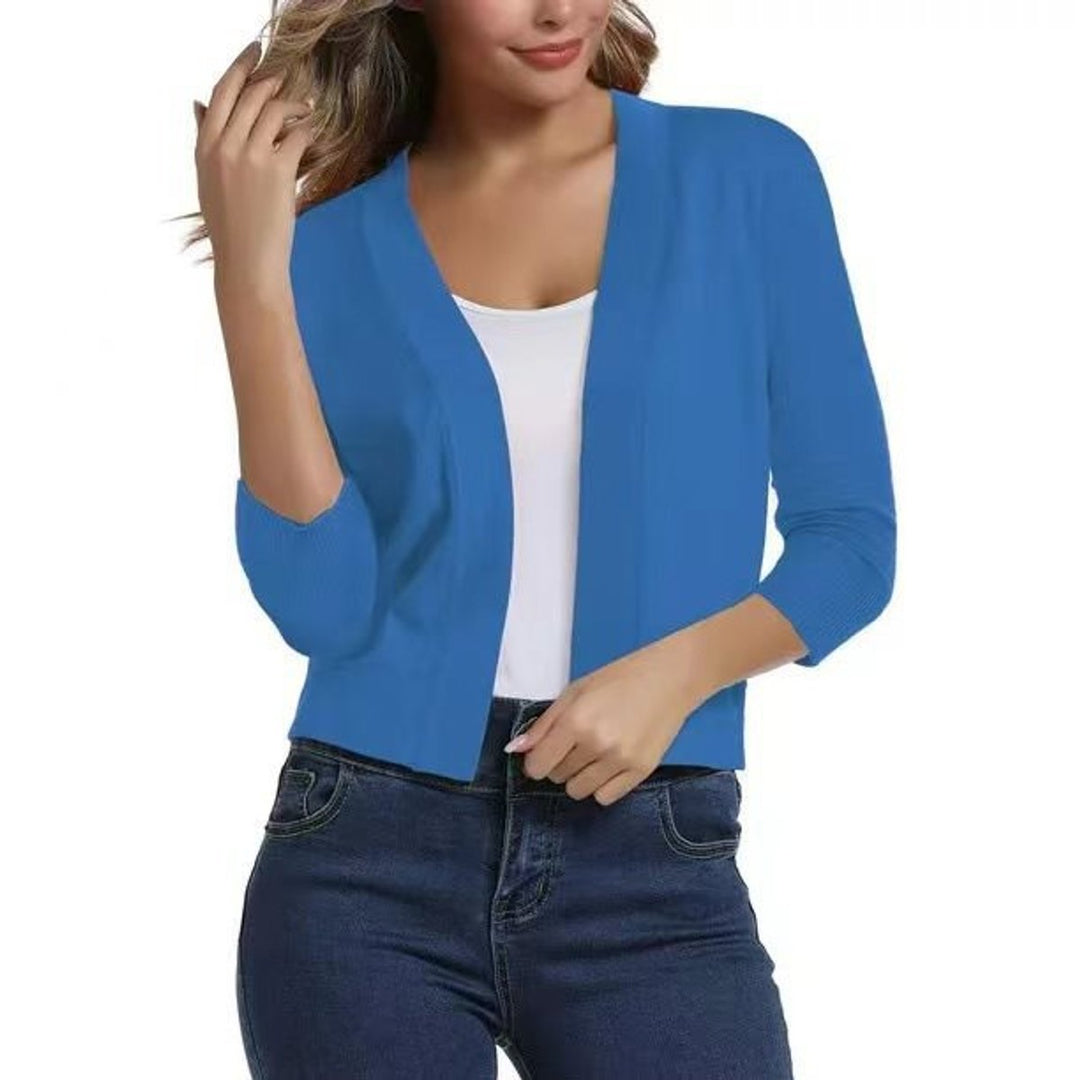 Women's Open-Front Cropped Three-Quarter Sleeve Cardigan - Blue