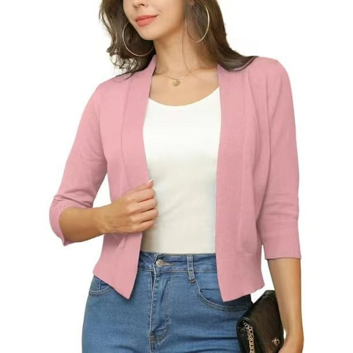 Women's Open-Front Cropped Three-Quarter Sleeve Cardigan - Rubber Red