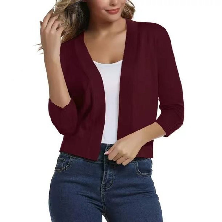 Women's Open-Front Cropped Three-Quarter Sleeve Cardigan - Nothing provided.