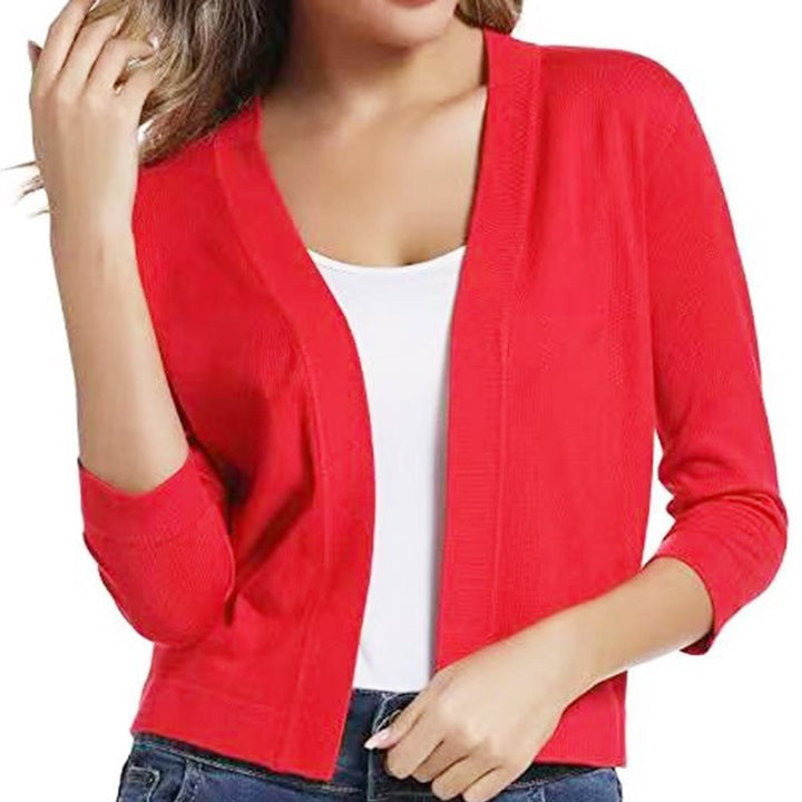 Women's Open-Front Cropped Three-Quarter Sleeve Cardigan
