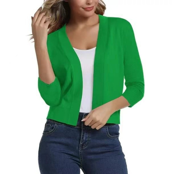 Women's Open-Front Cropped Three-Quarter Sleeve Cardigan - Bright Green