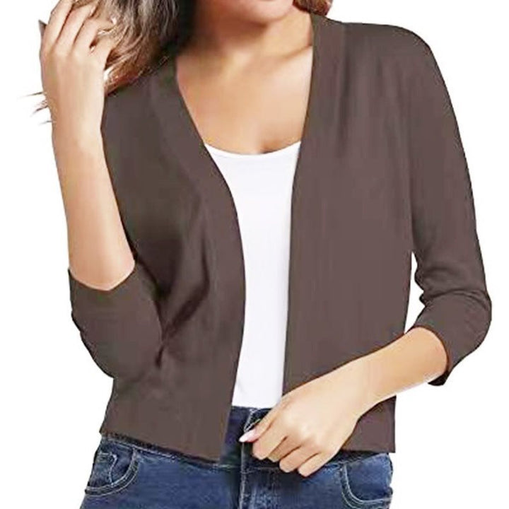 Women's Open-Front Cropped Three-Quarter Sleeve Cardigan