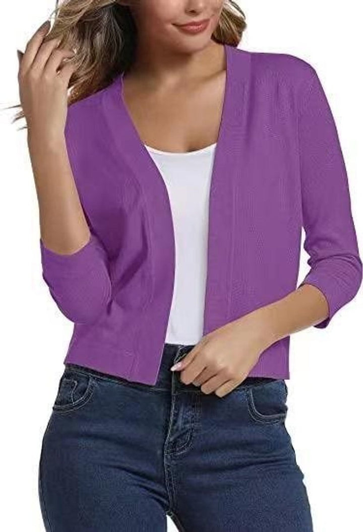 Women's Open-Front Cropped Three-Quarter Sleeve Cardigan - Lilac