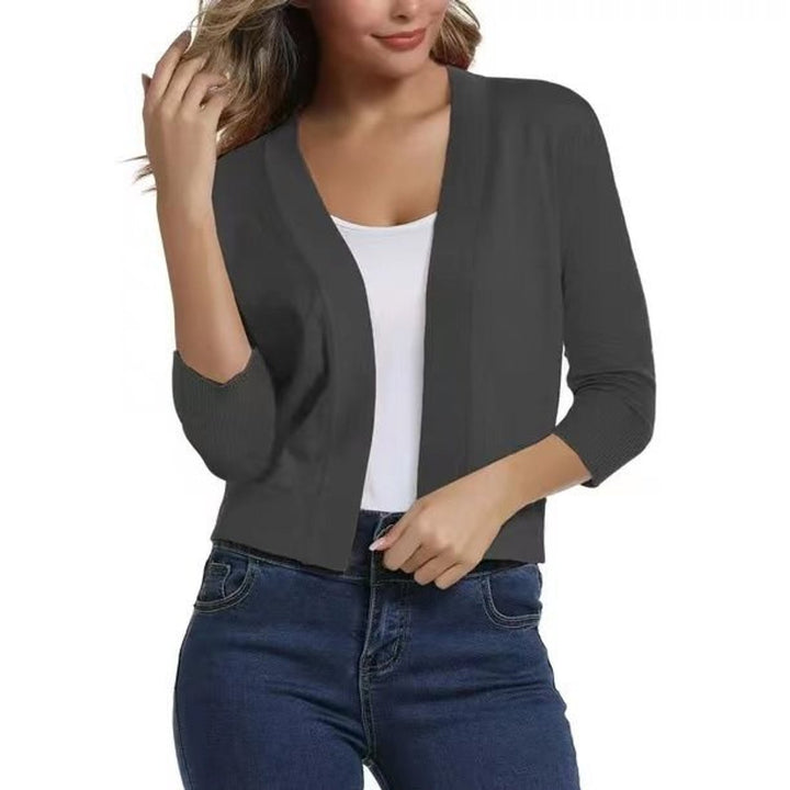 Women's Open-Front Cropped Three-Quarter Sleeve Cardigan - Grey