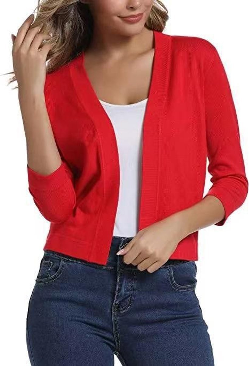 Women's Open-Front Cropped Three-Quarter Sleeve Cardigan - China Red
