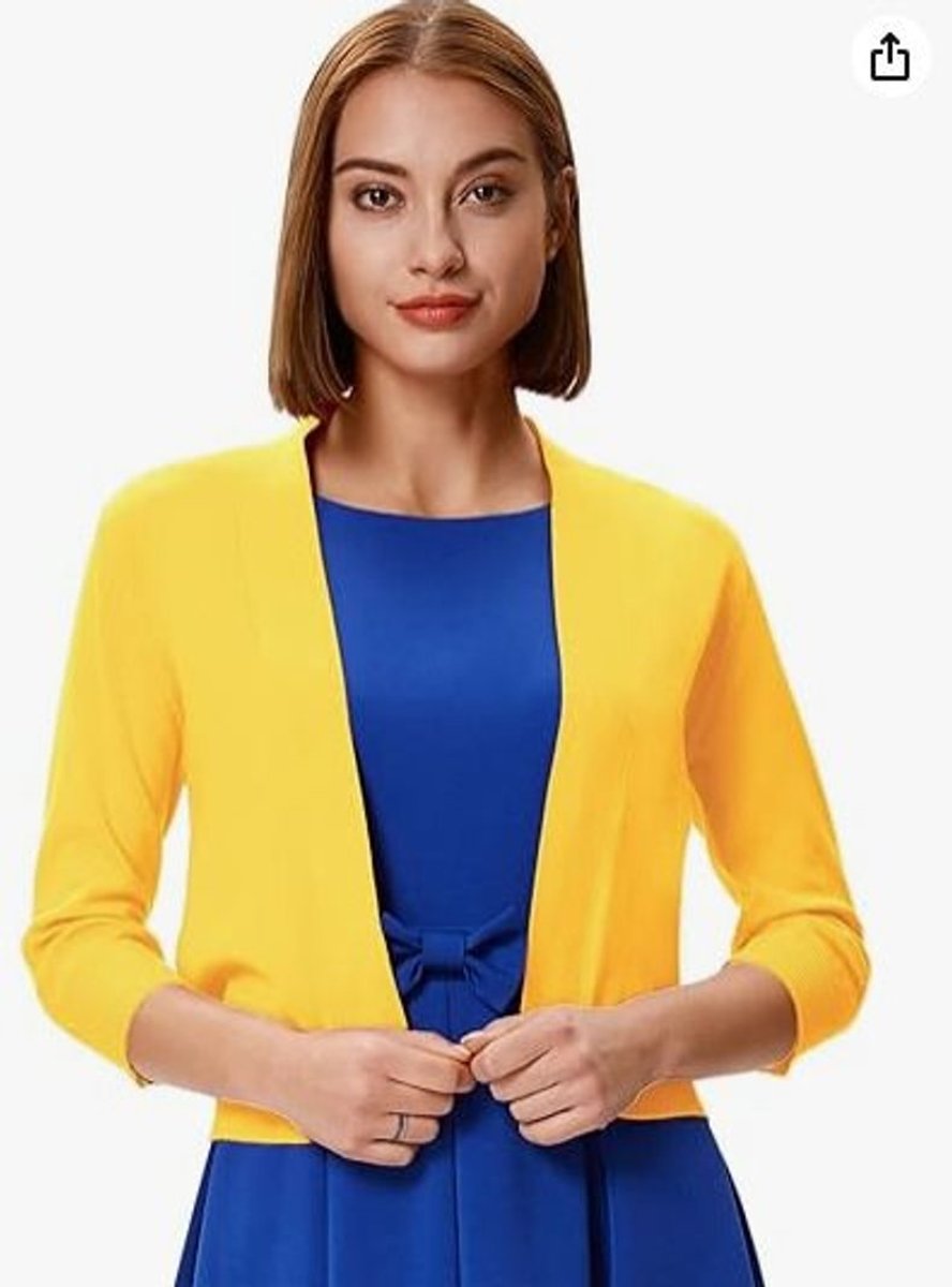 Women's Open-Front Cropped Three-Quarter Sleeve Cardigan - Yellow