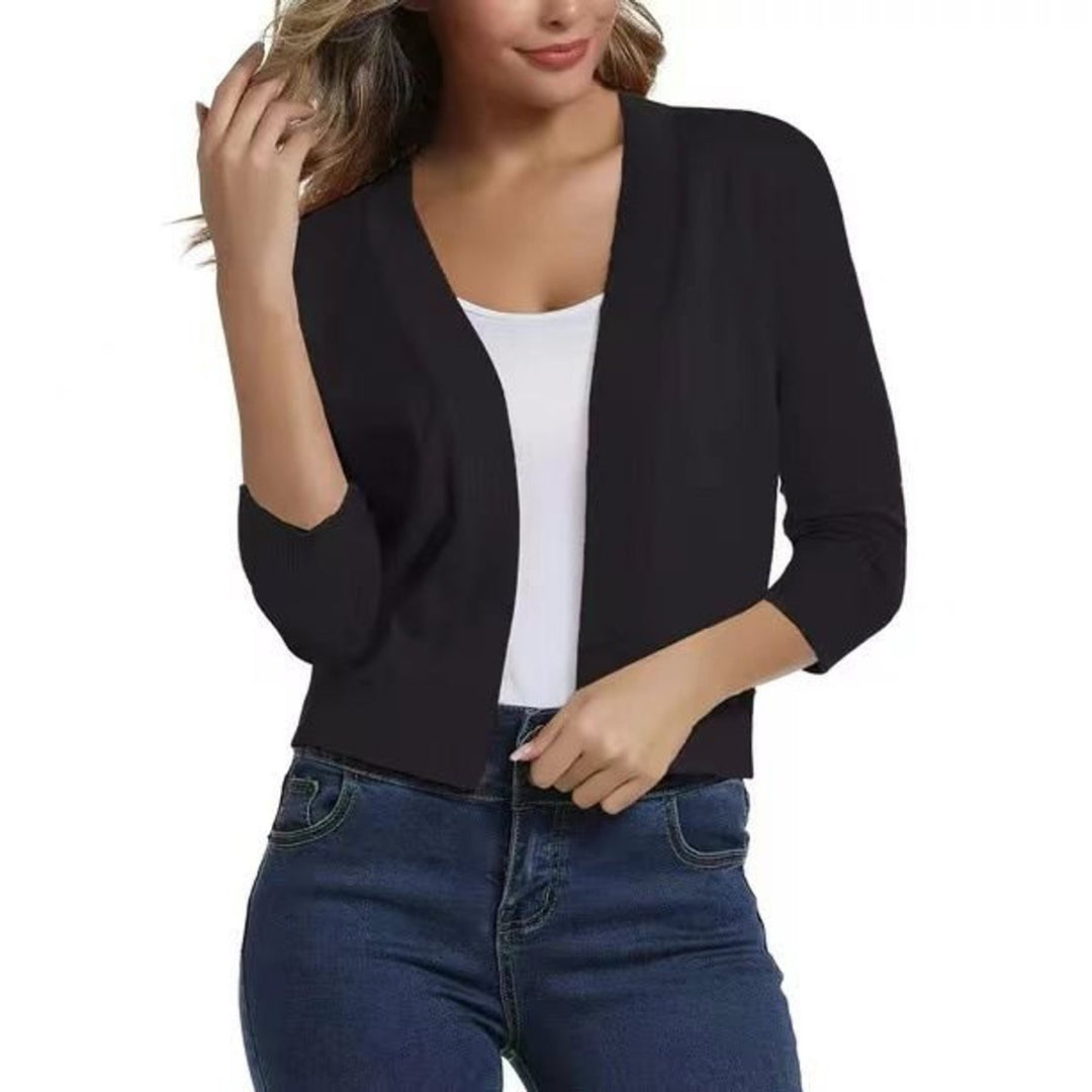Women's Open-Front Cropped Three-Quarter Sleeve Cardigan