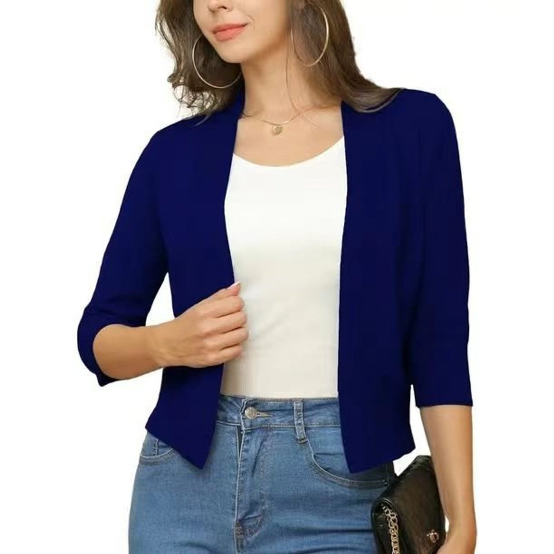 Women's Open-Front Cropped Three-Quarter Sleeve Cardigan - Mondsee Blue