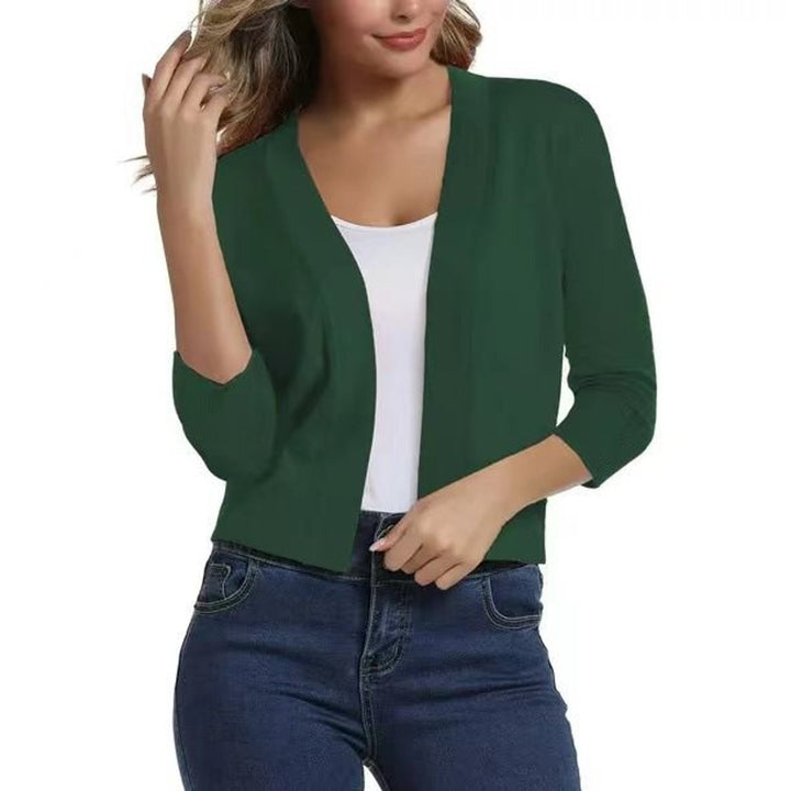 Women's Open-Front Cropped Three-Quarter Sleeve Cardigan - Wood Green