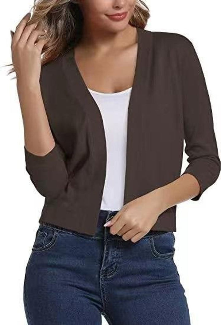 Women's Open-Front Cropped Three-Quarter Sleeve Cardigan - Brown
