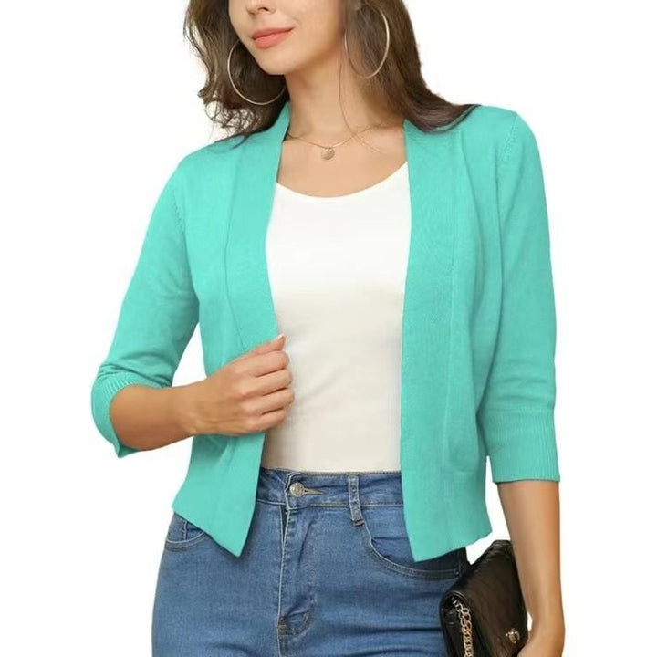 Women's Open-Front Cropped Three-Quarter Sleeve Cardigan - Deep Navy Blue
