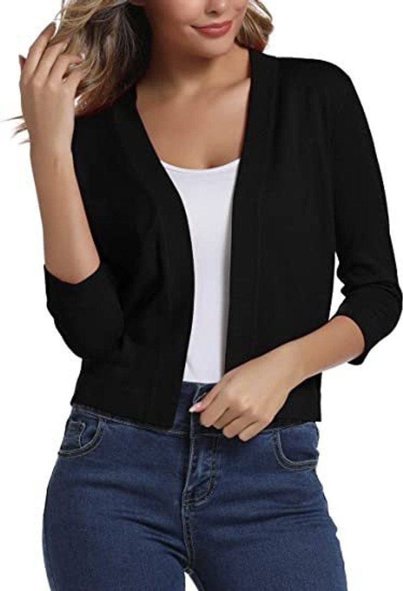Women's Open-Front Cropped Three-Quarter Sleeve Cardigan - Black