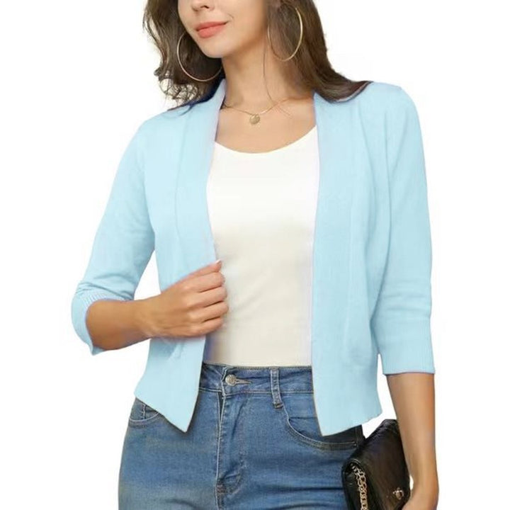 Women's Open-Front Cropped Three-Quarter Sleeve Cardigan - Pale Blue